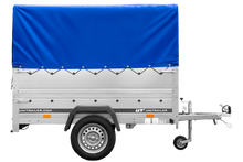 Laden Sie das Bild in den Galerie-Viewer, Einachsanhänger 200×125 UNITRAILER GARDEN 201 KIPP mit BIS-Seitenwänden, H-800-Rahmen und blauer Plane-Neu