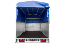 Laden Sie das Bild in den Galerie-Viewer, Einachsanhänger 200×125 UNITRAILER GARDEN 201 KIPP mit BIS-Seitenwänden, H-800-Rahmen und blauer Plane-Neu