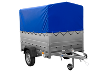 Laden Sie das Bild in den Galerie-Viewer, Einachsanhänger 200×125 UNITRAILER GARDEN 201 KIPP mit BIS-Seitenwänden, H-800-Rahmen und blauer Plane-Neu