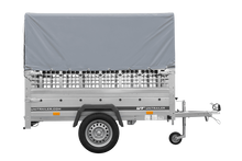 Laden Sie das Bild in den Galerie-Viewer, Einachsanhänger 200×125 UNITRAILER GARDEN 201 KIPP mit Gitterseitenwänden, H-800 Rahmen und grauer Plane-Neu