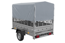 Laden Sie das Bild in den Galerie-Viewer, Einachsanhänger 200×125 UNITRAILER GARDEN 201 KIPP mit Gitterseitenwänden, H-800 Rahmen und grauer Plane-Neu