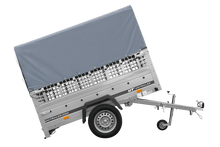 Laden Sie das Bild in den Galerie-Viewer, Einachsanhänger 200×125 UNITRAILER GARDEN 201 KIPP mit Gitterseitenwänden, H-800 Rahmen und grauer Plane-Neu