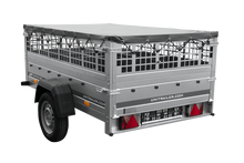 Laden Sie das Bild in den Galerie-Viewer, Einachsanhänger 200×125 UNITRAILER GARDEN 201 KIPP mit Gitterseitenwänden und grauer Abdeckung-Neu