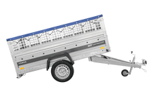 Laden Sie das Bild in den Galerie-Viewer, Einachsanhänger 230×125 UNITRAILER FORCE 230 KIPP mit Gitterseitenwänden, H-0-Rahmen und blauer Plane-Neu