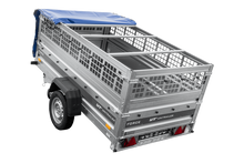 Laden Sie das Bild in den Galerie-Viewer, Einachsanhänger 230×125 UNITRAILER FORCE 230 KIPP mit Gitterseitenwänden, H-0-Rahmen und blauer Plane-Neu