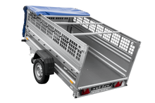 Laden Sie das Bild in den Galerie-Viewer, Einachsanhänger 230×125 UNITRAILER FORCE 230 KIPP mit Gitterseitenwänden, H-0-Rahmen und blauer Plane-Neu