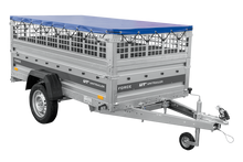 Laden Sie das Bild in den Galerie-Viewer, Einachsanhänger 230×125 UNITRAILER FORCE 230 KIPP mit Gitterseitenwänden, H-0-Rahmen und blauer Plane-Neu