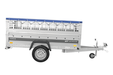 Laden Sie das Bild in den Galerie-Viewer, Einachsanhänger 230×125 UNITRAILER FORCE 230 KIPP mit Gitterseitenwänden, H-0-Rahmen und blauer Plane-Neu