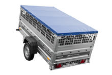 Laden Sie das Bild in den Galerie-Viewer, Einachsanhänger 230×125 UNITRAILER FORCE 230 KIPP mit Gitterseitenwänden, H-0-Rahmen und blauer Plane-Neu