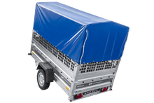 Laden Sie das Bild in den Galerie-Viewer, Einachsanhänger 230×125 UNITRAILER FORCE 230 KIPP mit Gitterseitenwänden, H-0-Rahmen und blauer Plane-Neu