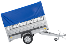 Laden Sie das Bild in den Galerie-Viewer, Einachsanhänger 230×125 UNITRAILER FORCE 230 KIPP mit Gitterseitenwänden, H-0-Rahmen und blauer Plane-Neu