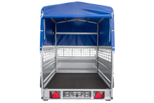 Laden Sie das Bild in den Galerie-Viewer, Einachsanhänger 230×125 UNITRAILER FORCE 230 KIPP mit Gitterseitenwänden, H-0-Rahmen und blauer Plane-Neu