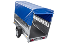 Laden Sie das Bild in den Galerie-Viewer, Einachsanhänger 230×125 UNITRAILER FORCE 230 KIPP mit Gitterseitenwänden, H-0-Rahmen und blauer Plane-Neu