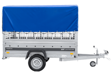 Laden Sie das Bild in den Galerie-Viewer, Einachsanhänger 230×125 UNITRAILER FORCE 230 KIPP mit Gitterseitenwänden, H-0-Rahmen und blauer Plane-Neu