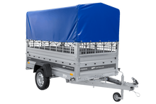 Laden Sie das Bild in den Galerie-Viewer, Einachsanhänger 230×125 UNITRAILER FORCE 230 KIPP mit Gitterseitenwänden, H-0-Rahmen und blauer Plane-Neu