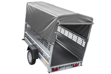 Laden Sie das Bild in den Galerie-Viewer, Einachsanhänger 230×125 UNITRAILER FORCE 230 KIPP mit Gitterseitenwänden, H-800 Rahmen und grauer Plane-Neu