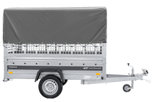 Laden Sie das Bild in den Galerie-Viewer, Einachsanhänger 230×125 UNITRAILER FORCE 230 KIPP mit Gitterseitenwänden, H-800 Rahmen und grauer Plane-Neu