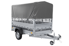 Laden Sie das Bild in den Galerie-Viewer, Einachsanhänger 230×125 UNITRAILER FORCE 230 KIPP mit Gitterseitenwänden, H-800 Rahmen und grauer Plane-Neu