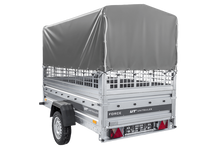 Laden Sie das Bild in den Galerie-Viewer, Einachsanhänger 230×125 UNITRAILER FORCE 230 KIPP mit Gitterseitenwänden, H-800 Rahmen und grauer Plane-Neu