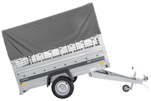 Laden Sie das Bild in den Galerie-Viewer, Einachsanhänger 230×125 UNITRAILER FORCE 230 KIPP mit Gitterseitenwänden, H-800 Rahmen und grauer Plane-Neu