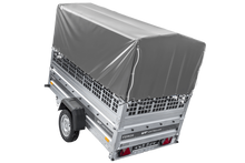 Laden Sie das Bild in den Galerie-Viewer, Einachsanhänger 230×125 UNITRAILER FORCE 230 KIPP mit Gitterseitenwänden, H-800 Rahmen und grauer Plane-Neu