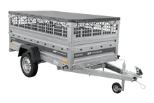 Laden Sie das Bild in den Galerie-Viewer, Einachsanhänger 230×125 UNITRAILER FORCE 230 KIPP mit Gitterwänden, H-0-Rahmen und grauer Plane-Neu