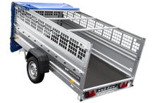 Laden Sie das Bild in den Galerie-Viewer, Einachsanhänger 264×125 UNITRAILER FORCE 264 KIPP mit Gitterwänden, H-0-Rahmen und blauer Plane-Neu