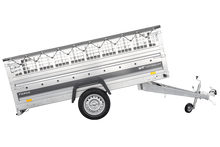Laden Sie das Bild in den Galerie-Viewer, Einachsanhänger 264×125 UNITRAILER FORCE 264 KIPP mit Gitterwänden, H-0-Rahmen und grauer Plane-Neu