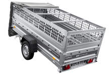 Laden Sie das Bild in den Galerie-Viewer, Einachsanhänger 264×125 UNITRAILER FORCE 264 KIPP mit Gitterwänden, H-0-Rahmen und grauer Plane-Neu