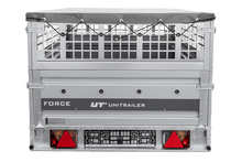 Laden Sie das Bild in den Galerie-Viewer, Einachsanhänger 264×125 UNITRAILER FORCE 264 KIPP mit Gitterwänden, H-0-Rahmen und grauer Plane-Neu