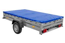 Laden Sie das Bild in den Galerie-Viewer, Einachsanhänger 264×150 UNITRAILER GARDEN 265 KIPP mit einem Flachplanenträger und blauer Plane-Neu