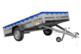 Einachsanhänger 264×150 UNITRAILER GARDEN 265 KIPP mit einem Flachplanenträger und blauer Plane-Neu