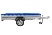 Laden Sie das Bild in den Galerie-Viewer, Einachsanhänger 264×150 UNITRAILER GARDEN 265 KIPP mit einem Flachplanenträger und blauer Plane-Neu