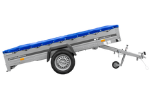 Laden Sie das Bild in den Galerie-Viewer, Einachsanhänger 264×150 UNITRAILER GARDEN 265 KIPP mit einem Flachplanenträger und blauer Plane-Neu