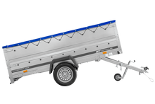 Laden Sie das Bild in den Galerie-Viewer, Einachsanhänger 264×150 UNITRAILER GARDEN 265 KIPP mit zusätzlichen Bordwänden, H-0-Rahmen und blauer Plane-Neu