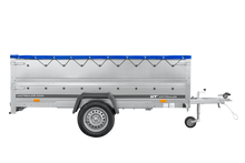 Laden Sie das Bild in den Galerie-Viewer, Einachsanhänger 264×150 UNITRAILER GARDEN 265 KIPP mit zusätzlichen Bordwänden, H-0-Rahmen und blauer Plane-Neu