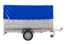 Laden Sie das Bild in den Galerie-Viewer, Einachsanhänger 264×150 UNITRAILER GARDEN 265 KIPP mit zusätzlichen Bordwänden, H-800-Hochspriegel und blauer Plane-Neu