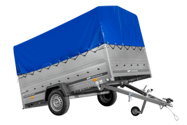 Einachsanhänger 264×150 UNITRAILER GARDEN 265 KIPP mit zusätzlichen Bordwänden, H-800-Hochspriegel und blauer Plane-Neu