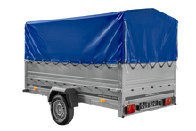 Laden Sie das Bild in den Galerie-Viewer, Einachsanhänger 264×150 UNITRAILER GARDEN 265 KIPP mit zusätzlichen Bordwänden, H-800-Hochspriegel und blauer Plane-Neu