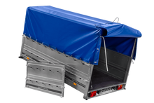 Laden Sie das Bild in den Galerie-Viewer, Einachsanhänger 264×150 UNITRAILER GARDEN 265 KIPP mit zusätzlichen Bordwänden, H-800-Hochspriegel und blauer Plane-Neu