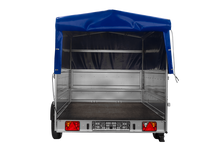 Laden Sie das Bild in den Galerie-Viewer, Einachsanhänger 264×150 UNITRAILER GARDEN 265 KIPP mit zusätzlichen Bordwänden, H-800-Hochspriegel und blauer Plane-Neu