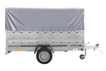 Laden Sie das Bild in den Galerie-Viewer, Einachsanhänger 264×150 UNITRAILER GARDEN 265 KIPP mit zusätzlichen Bordwänden, H-800-Rahmen und grauer Plane-Neu