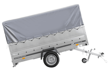 Laden Sie das Bild in den Galerie-Viewer, Einachsanhänger 264×150 UNITRAILER GARDEN 265 KIPP mit zusätzlichen Bordwänden, H-800-Rahmen und grauer Plane-Neu