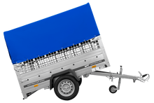 Laden Sie das Bild in den Galerie-Viewer, Einachsanhänger auf Federn 200×125 UNITRAILER GARDEN 201/R KIPP mit Gitterwänden, H-800-Rahmen und blauer Plane-Neu