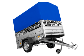 Einachsanhänger auf Federn 200×125 UNITRAILER GARDEN 201/R KIPP mit Gitterwänden, H-800-Rahmen und blauer Plane-Neu