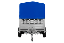Laden Sie das Bild in den Galerie-Viewer, Einachsanhänger auf Federn 200×125 UNITRAILER GARDEN 201/R KIPP mit Gitterwänden, H-800-Rahmen und blauer Plane-Neu
