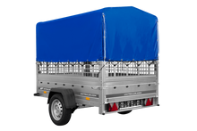 Laden Sie das Bild in den Galerie-Viewer, Einachsanhänger auf Federn 200×125 UNITRAILER GARDEN 201/R KIPP mit Gitterwänden, H-800-Rahmen und blauer Plane-Neu