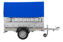 Laden Sie das Bild in den Galerie-Viewer, Einachsanhänger auf Federn 200×125 UNITRAILER GARDEN 201/R KIPP mit Gitterwänden, H-800-Rahmen und blauer Plane-Neu