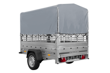 Laden Sie das Bild in den Galerie-Viewer, Einachsanhänger auf Federn 200×125 UNITRAILER GARDEN 201/R KIPP mit Gitterwänden, H-800-Rahmen und grauer Plane-Neu
