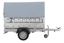 Laden Sie das Bild in den Galerie-Viewer, Einachsanhänger auf Federn 200×125 UNITRAILER GARDEN 201/R KIPP mit Gitterwänden, H-800-Rahmen und grauer Plane-Neu